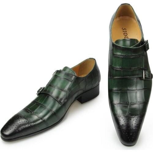 Mens Monk Strap Slip on Crocodile Pattern Genuine Leather Business Handmade Dress Brogue Daily Shoe with Buckle 2021 Black Green