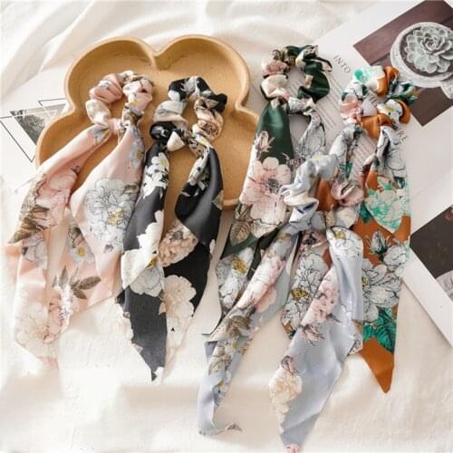 Bestilk 2021 New Satin Floral Print Womens Hair Scrunchie Elastic Hair Large Scarf Bands Hair Tie Rubber bands for Girls