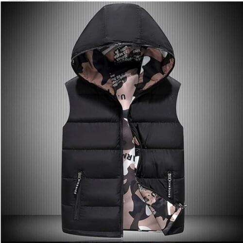 Autumn and Winter Mens Double-sided Wear Camouflage Sleeveless Padded Jacket Vest Casual Hooded Cotton Waistcoat Outerwear Male
