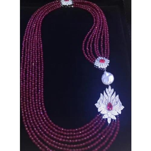 Red color natural semi-precious stone necklace multi layers 925 sterling silver with cubic zircon and fresh water pearl fashion