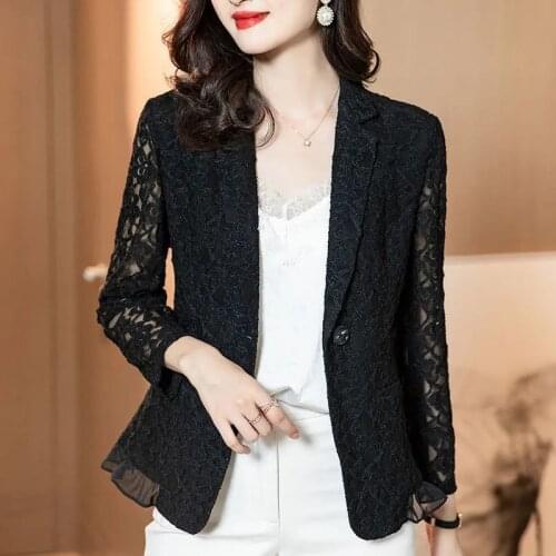 Women New Single Button Sunscreen Lace Blazers Women Summer Office Lady Black Minimalist OL Suit Jacket Tops Plus Size 4XL X233