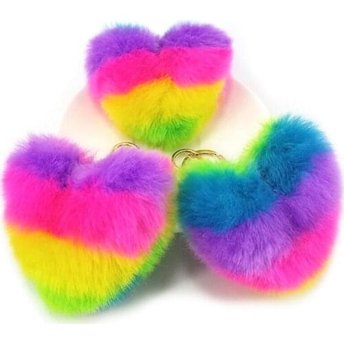 Rainbow Heart Pompoms Keychain Plush Faux Rabbit Fur Key Chains Decorative Pendant For Women Bag Accessories Car Keyring