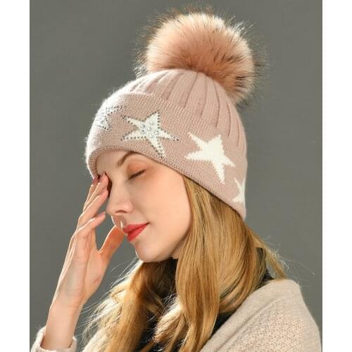 Beanie Hat for Women Winter Hat Knitted Autumn Fur Hat Unisex Ladies Warm Bonnet Cap with Rhinestones Star
