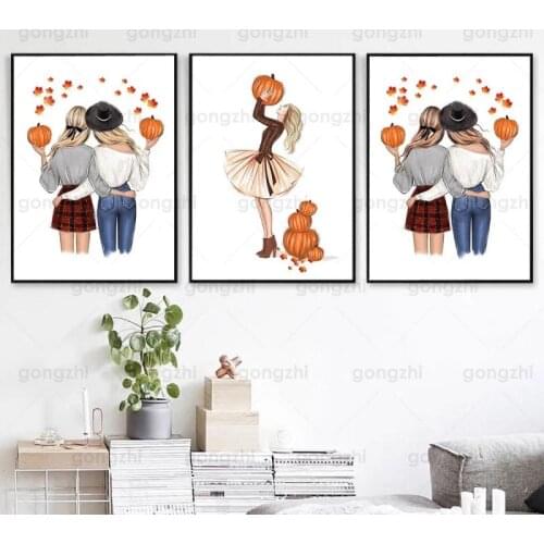 Nordic Cartoon Character Poster Balloon Pumpkin Fashion Women Poster Frameless Canvas Hd Printing Home Decoration Wall Painting