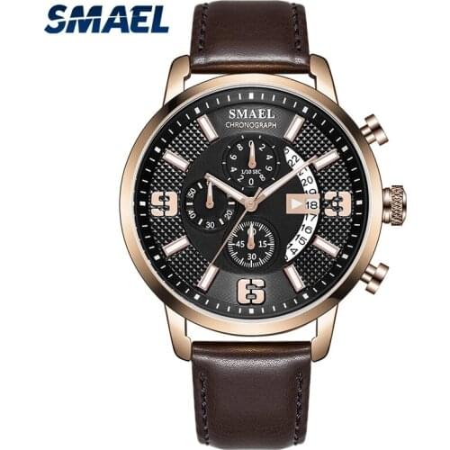 SMAEL Simple Sports Fashion Mens Watches Stopwatch Timer Boy Gift Leather Strap Waterproof And Drop Resistant