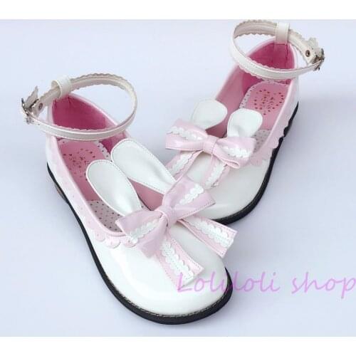 Princess sweet lolita shoes Japanese design customized special shaped white rabbit pink tie Low heeled shoes an8483