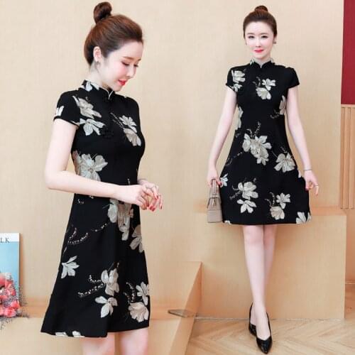 Vintage Chinese Style Black Traditional Women Qipao Dresses Casual Robe Plus Size Midi Cheongsam Dress Asian Mujer Vestidos 4XL