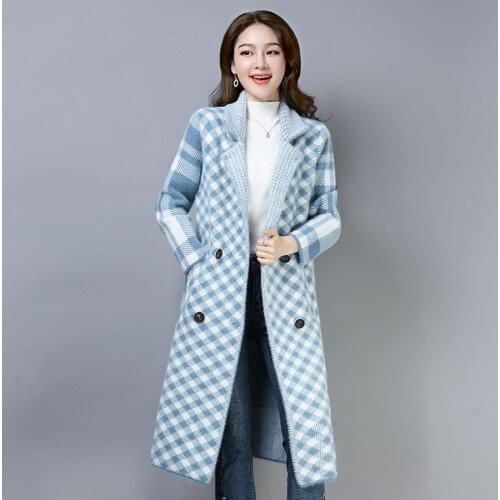 2020 Autumn Winter New Faux mink Wool Jacket Women Warm Loose Long Coat Female Double breasted Plaid Casual Sweater Outerwear