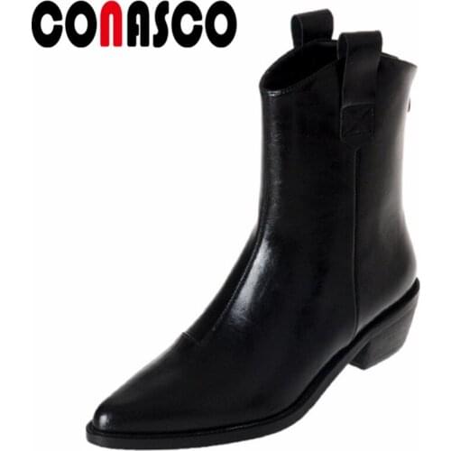 CONASCO Retro Elegant Women Ankle Boots Autumn Winter Warm Cow Leather Party Basic Prom Office New Brand High Heels Shoes Woman