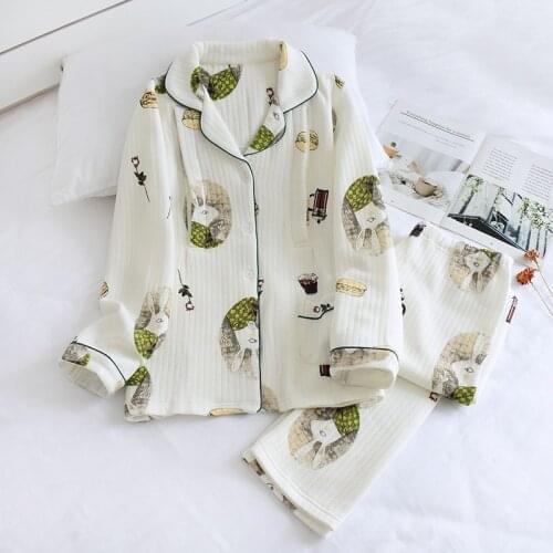 Womens Suit 100% Cotton Thicken Quilted Japanese Print Long-Sleeved Trousers Pajamas Set Ladies Warm Confinement Clothes