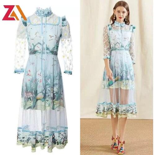 Runway Summer Dress Womens Stand collar Bow Mesh Print Lady Elegant Ruched party beach Midi Dresses clothing mujer Vestidos