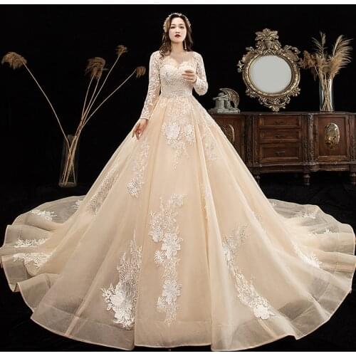 Champagne Wedding Dress O-Neck Floral Print Full Sleeves Simple Bling Luxurious Backless Lace up Long Women Bride Dresses B053