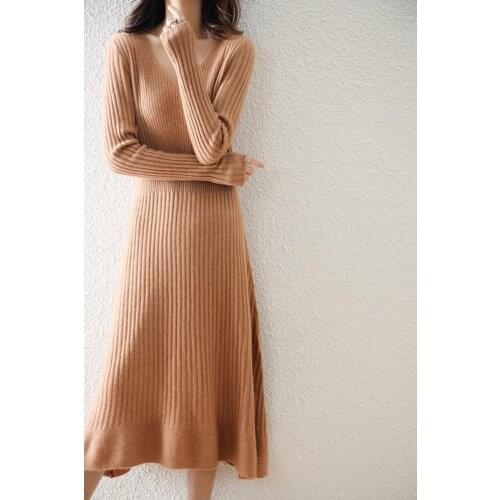 Zocept New Elegant Ladies Knitted Dress Autumn Winter Long Sleeve Knit Sweaters Dress V Neck Women 100% Wool Ribbed Dresses 2021
