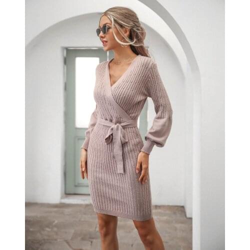 Dress Women Knitted Sweater Dress Long Sleeve Solid Color Sexy V-Neck Casual Female Sheath Dresses Lantern Sleeve Thick C2338