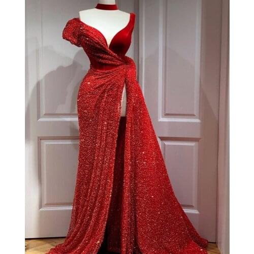 Dubai One Shoulder Evening Dresses Sequins Muslim Formal Evening Gowns Long Robe De Soiree Women Prom Party Dress Vestidos