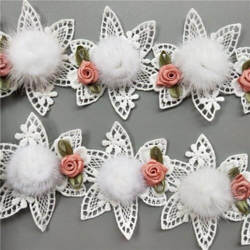 10x White Pompom Ball Rose Flower Embroidered Lace Trim Ribbon Cotton Fabric Sewing Supplies Craft Decor, DIY Handmade Materials