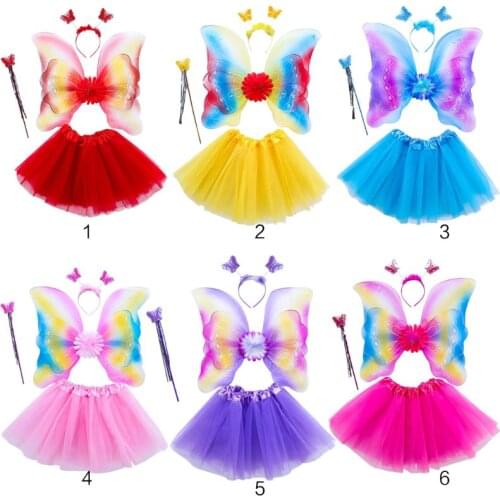 4Pcs Girls Fairy Costume Set Rainbow Butterfly Wings Three Layers Tulle Tutu Skirt Wand Headband Princess Halloween Party 3-8T