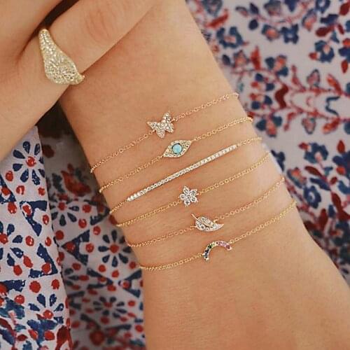 6 Piece Bohemia Boho Women Girl Lady Female Full Rhinestone Gold Color Chain Butterfly Bracelet, Moon Bracelet, Rainbow Bracelet