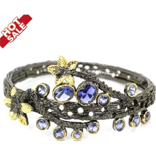 68x37mm Vintage Big Heavy 45g Created Iolite Pink Tourmaline Tanzanite Black Gold Silver Cuff Bangle Bracelet 7.5"