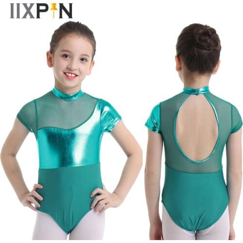 IIXPIN Kids Girls Shiny Metallic Gymnastics Leotard Ballet Dance Dress Short Sleeves Mock Neck Mesh Splice Cutout Back Jumpsuit