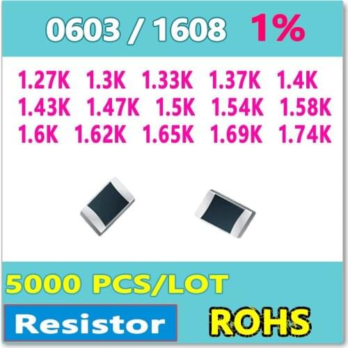 JASNPROSMA OHM 0603 F 1% 5000pcs 1.27K 1.3K 1.33K 1.37K 1.4K 1.43K 1.47K 1.5K 1.54K 1.58K 1.6K 1.62K 1.65K 1.69K 1.74K smd 1608