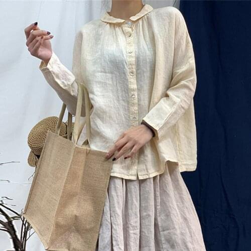 Johnature New Linen Womens Tops And Blouses 2021 Summer Japanese Solid Color Turn-down Collar Single-breasted Female Shirts