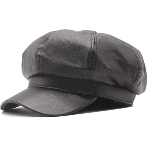 100% pu Leather Newsboy Cap women Real Leather Winter Hat Black Brown Vintage Brand Octagonal Cap For Men Flat Cap