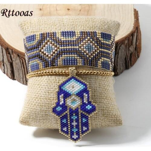 Rttooas Miyuki Beaded Charm Bracelets Set For Women Fatima Hamsa Hand Bracelet Bobo Jewelry Gold Stainless Steel Bracelet