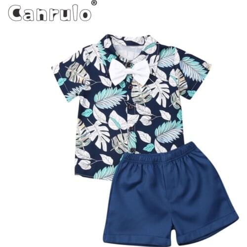 2PCS Toddler Kids Baby Boy Outifit Clothes Set Beach Banana Leaf Printed T-shirt+Shorts Gentelman Clothing Set