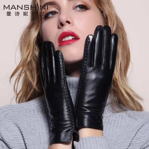 Leather gloves female winter thick plus cashmere short gloves autumn and winter Korean full touch screen sheepskin gloves 058