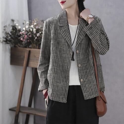 Retro Literary Spring and Autumn New Cotton and Linen Jacket Female Vertical Striped Jacket Small Suit Outside Tops Coat KN068