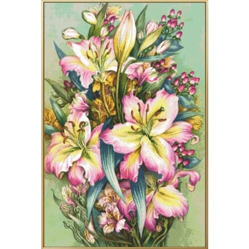Pink Lily Pattern Cross Stitch Kits Printed Canvas Embroidery Sets 11CT 14CT For Sewing And Needlework Diy Craft Home Decoration