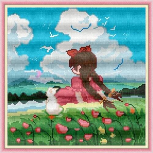 Girl and Cat cross stitch kit aida 14ct 11ct count print canvas stitches embroidery DIY handmade needlework