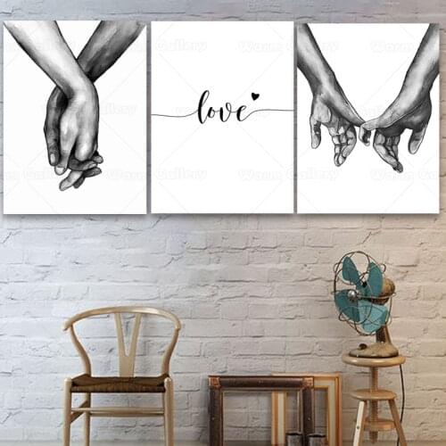 Black White Style Sweet Love Wall Art Canvas Poster Minimalist Hand in Hand Print Painting Picture for Living Room Bedroom Decor