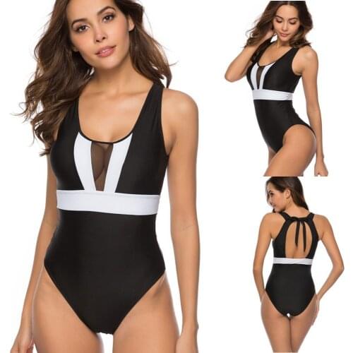 Solid color one-piece swimsuit chest perspective mesh design sexy bikini slim swimming wading sports beachwear plus size