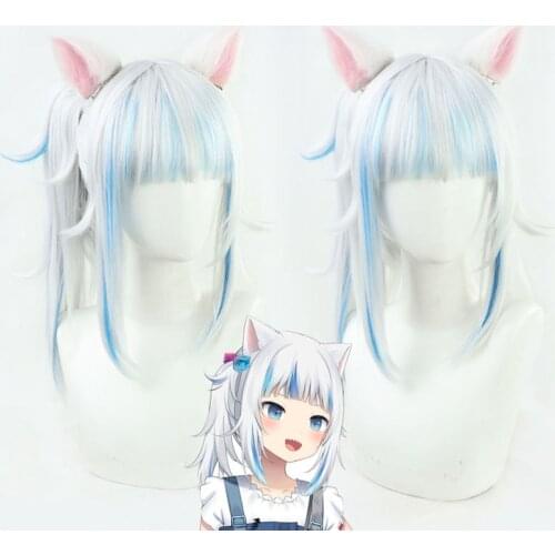 New Hololive EN Gawr Gura Wig with Ears VTuber Girls Cosplay Gray Mixed Blue Long Straight Wavy Synthetic Hair Role Play