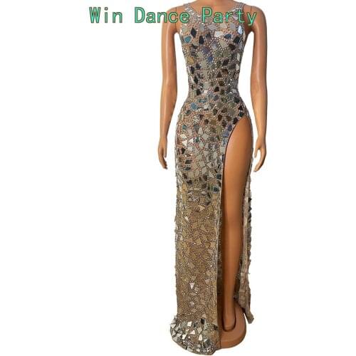 Sparkling Silver Glass Flakes Sexy Slit Long Evening Dresses Pageant Cream Tulle Birthday Evening Gown Competition Mermaid