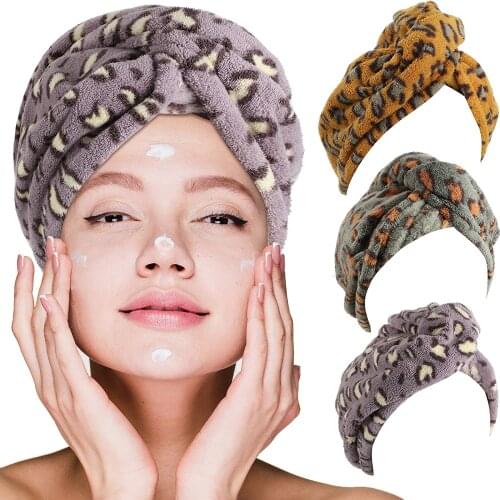 Leopard Microfiber Hair Towel Wrap Fast Drying Hair Cap Anti-Frizz Curly Hair Towel Hair Turban Microfiber Bath Towel Hat