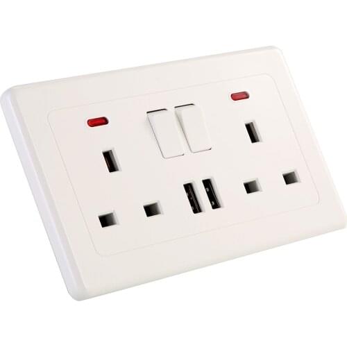 SOONHUA Dual USB Port Wall Plug Socket With Indicator Switch 2 Gang 13A Power Supply Flat Panel Wall Plug Sockets UK Plug