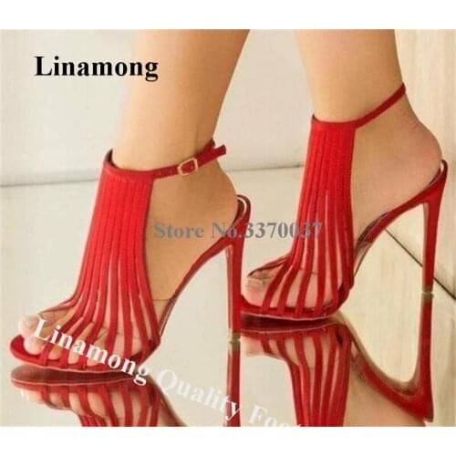 Linamong Vertical Straps PVC Stiletto Heel Gladiator Sandals Red Black Suede Clear Transparent Caged High Heel Dress Sandals