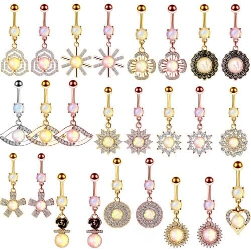 1PC Surgical Steel Opal Belly Piercing Ring Set 14G Flower Belly Button Ring Cute Crystal Navel Ring Dangle Pack Pircing Ombligo