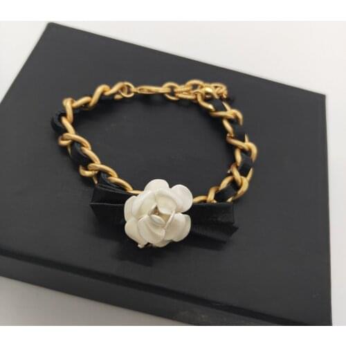 Vintage Gold Color Egyptian Pharaoh Design Camellia Flower Black Leather Bangle Cuff Bracelet Hot Brand Jewelry