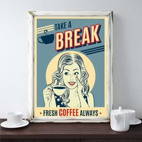 Vintage Coffee Poster Popart Woman Kitchen Decor , Pin Up Girl Coffee Sign Retro Wall Art Canvas Painting Restaurant Picture
