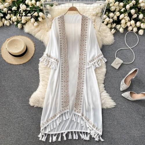 Women Bohemian Retro Jacket Spring Summer Tassel Mid-length Cardigan Woman Fashion Beach Chiffon White Coats