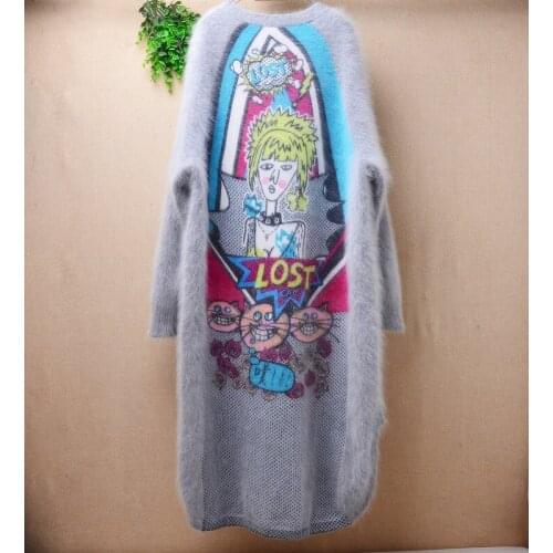 Female women fashion Girls printing hairy mink cashmere knitwear long sleeves split loose long sweater cardigans jacket coat