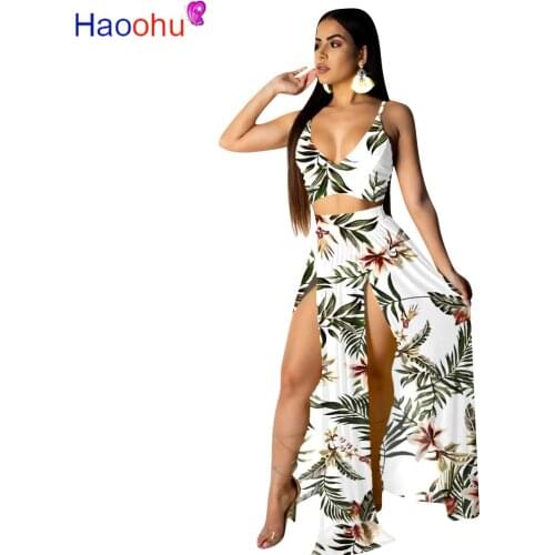 2020 Summer Two Piece Set Dress Spaghetti Straps Crop Top Tank High Slit Chiffon Maxi Skirt With Panties Beach Wear