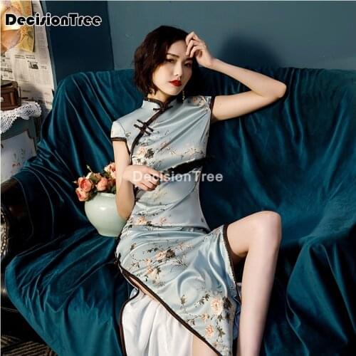 2021 oriental print floral satin women qipao short sleeve vintage stage show cheongsam chinese dress chinese traditional dress