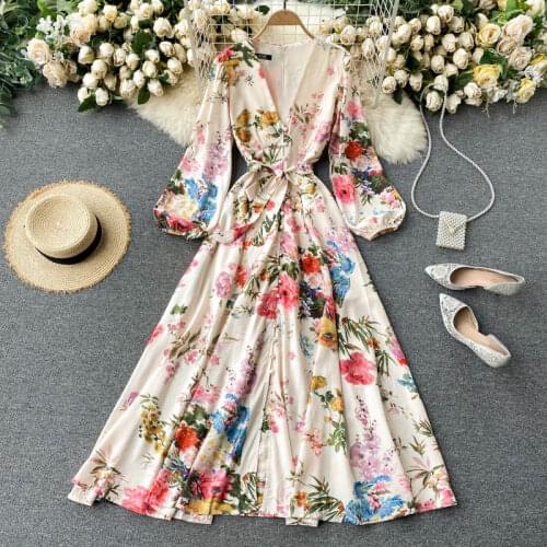 Womens Spring Summer Runway Fashion Vintage Long Sleeve Floral Print Dress Female High Waist ChicTravel Party Dress TB1964