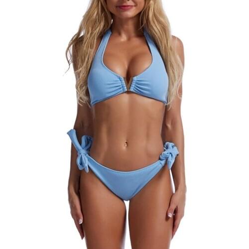 Womens Fashion Sexy V-Neck Solid Color Neck Bikini 2-Piece Swimsuit
