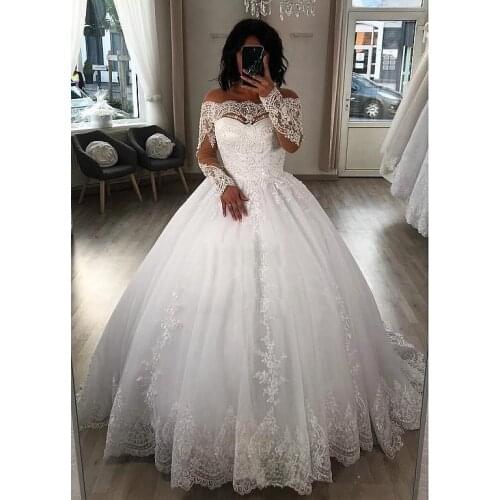 Exquisite Tulle Off-the-shoulder Ball Gown Wedding Dresses Beaded Lace Appliques Long Sleeve Bridal Gowns vestido de novia